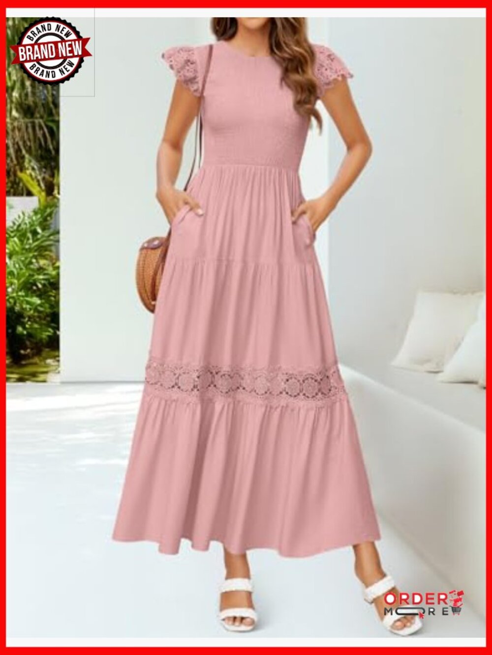 Flowy Midi Dress with Flutter Sleeves and Smocked Waist - Picture 3 of 7